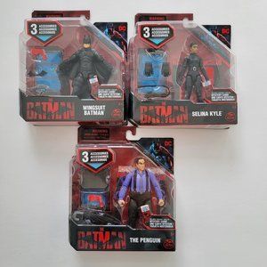 Lot of 3 The Batman figures w/ 3 acc each: The Penguin, Selina Kyle, The Batman